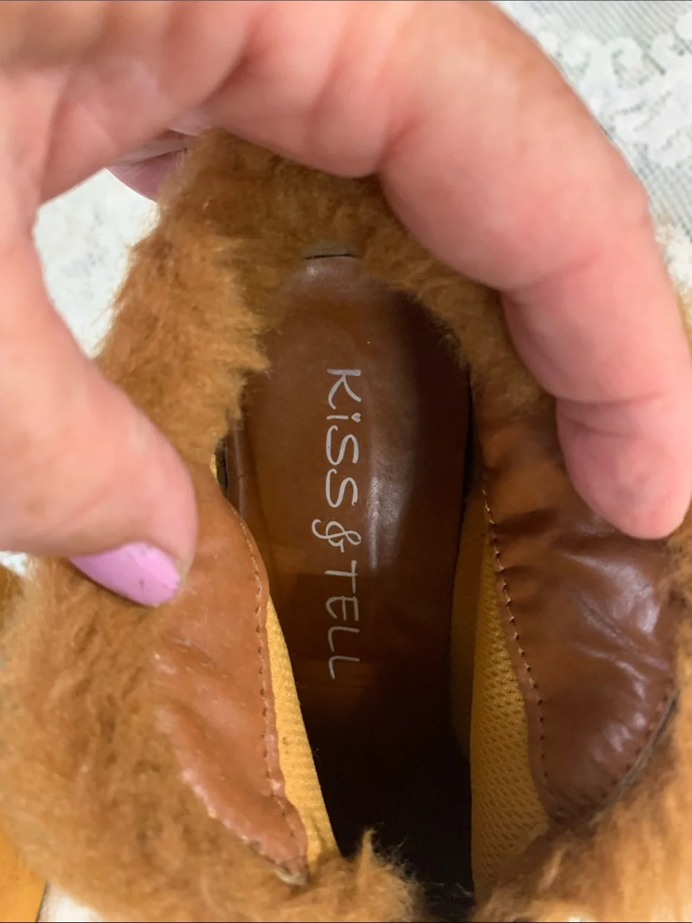 Faux Fur Trim Wedge Booties in Cognac Tan with Buckle Detail